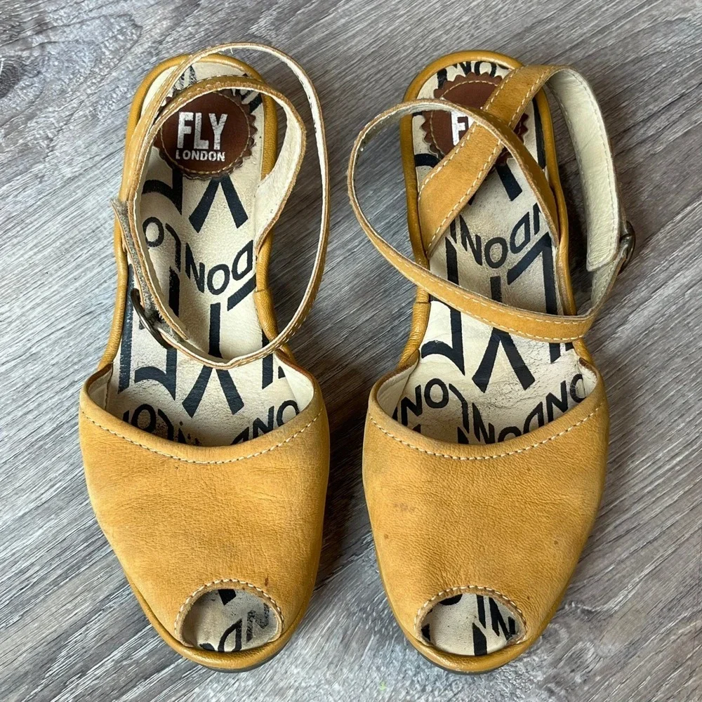 Fly London Yellow Leather‎ Wedge Peep Toe Ankle Strap Sandals EU 38 US 7.5